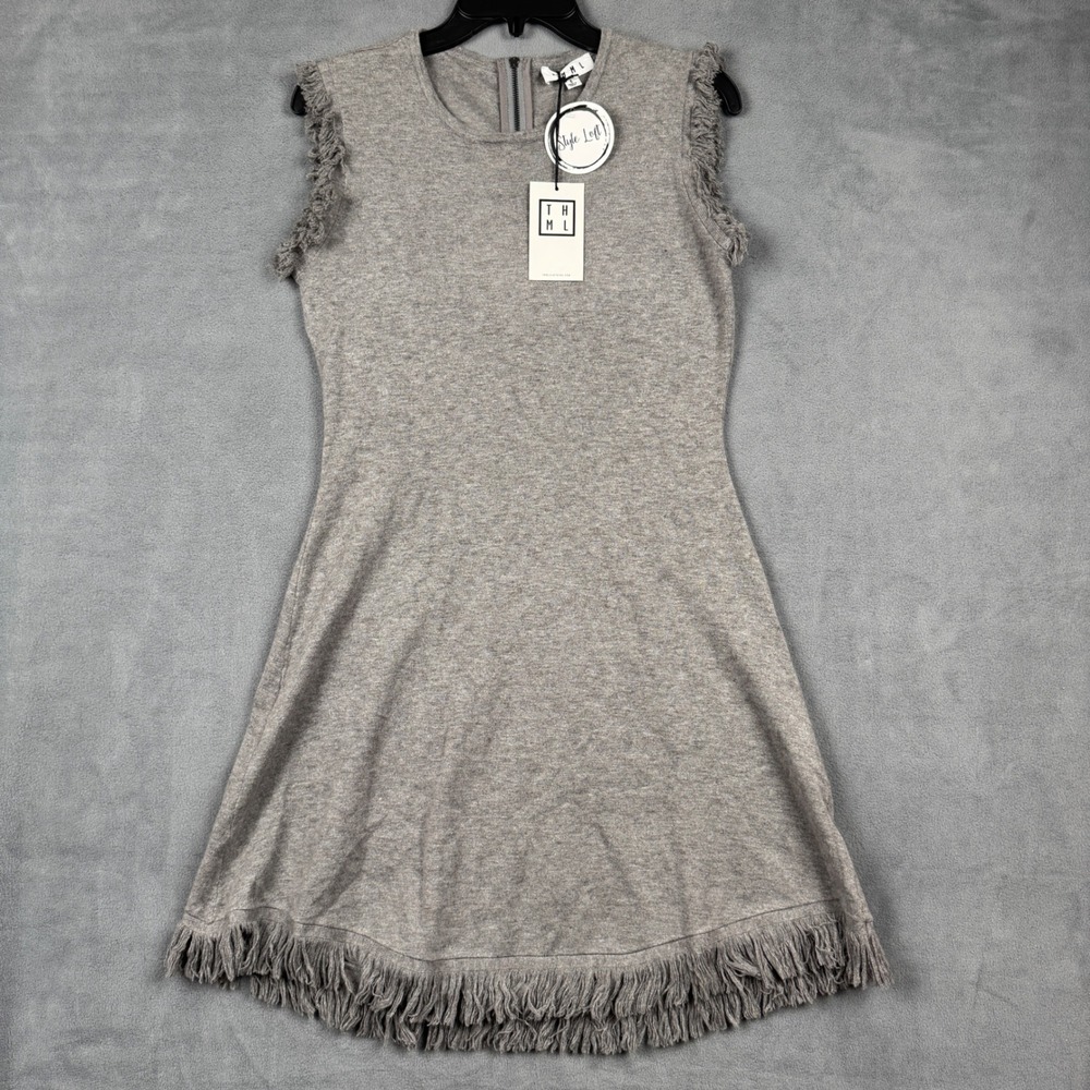 THML‎ Womens Gray Fringe Trim Sleeveless Knit A-Line Sweater Dress TMK625 S
